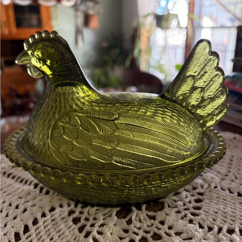 Olive Green Indiana Glass Hen on Nest Candy Dish